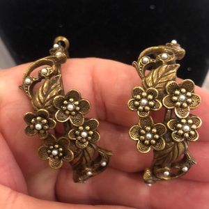 Antiqued Gold Flowers and Vine Seed Pearl Accented Hoop Earrings-Boutique
